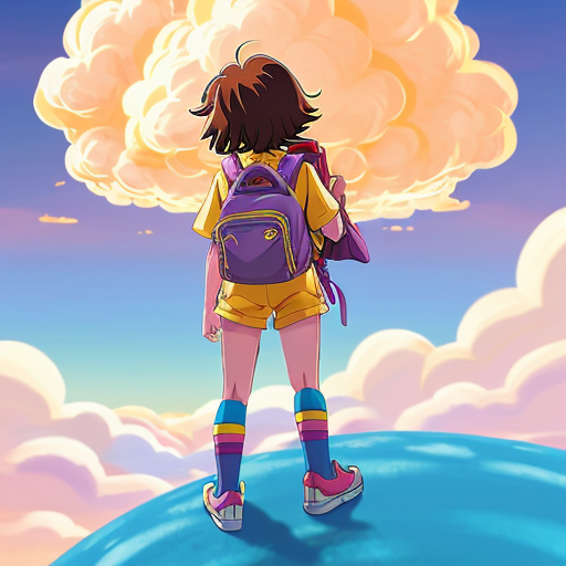Little Dora purple backpack pink t-shirt orange sex short pants yellow socks white sneakers on a sitting big Cloud ride flying in the Sky the 1990s/early the 2000s mario