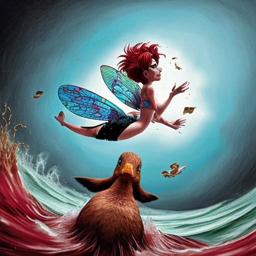 egy manó egy kacsa hátán lezuhan a tengerbe, és egy fekete hajú tündér és a vörös hajú tündér megölik egymást. Szürreális, túlzó arányok, humoros, kaotikus képregény-hatás, élénk színek, dinamikus vizuális részletek.”