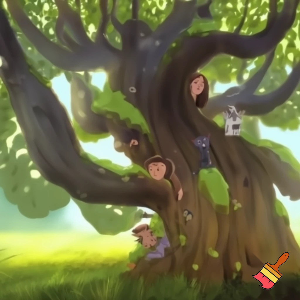 big tree with a child, a cat and four adults stuck in it