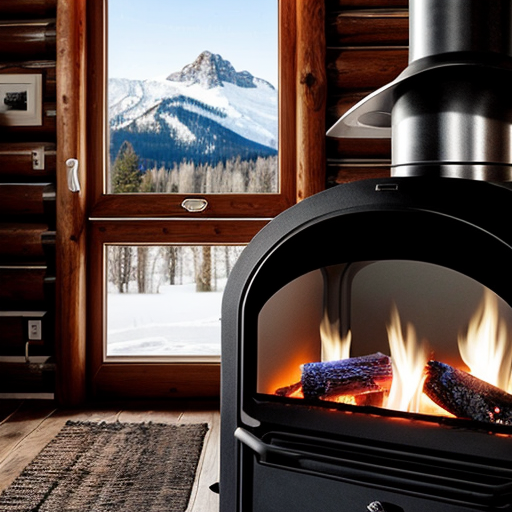 Photo in portrait mode of a warm fireplace burning in a cozy log cabin with a view of snowcap mountain overlooking a clear as crystal lake
