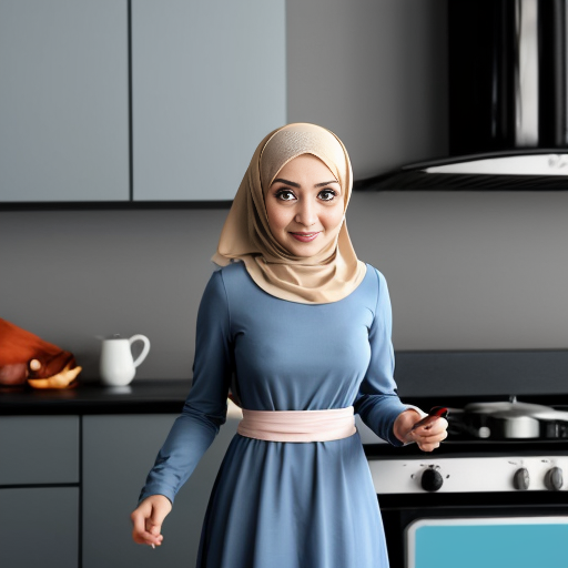 Pixar-style cartoon, Muslim woman 35-40, fully covered wide light blue dress, headscarf covering hair, modest, standing at stove cooking, gray background, no sexualized features, simple cartoon style
