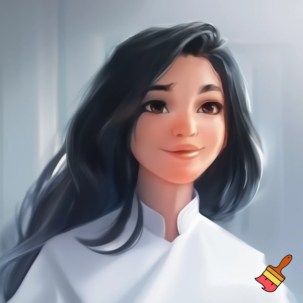 a nurse with white skin black long hair smiling 