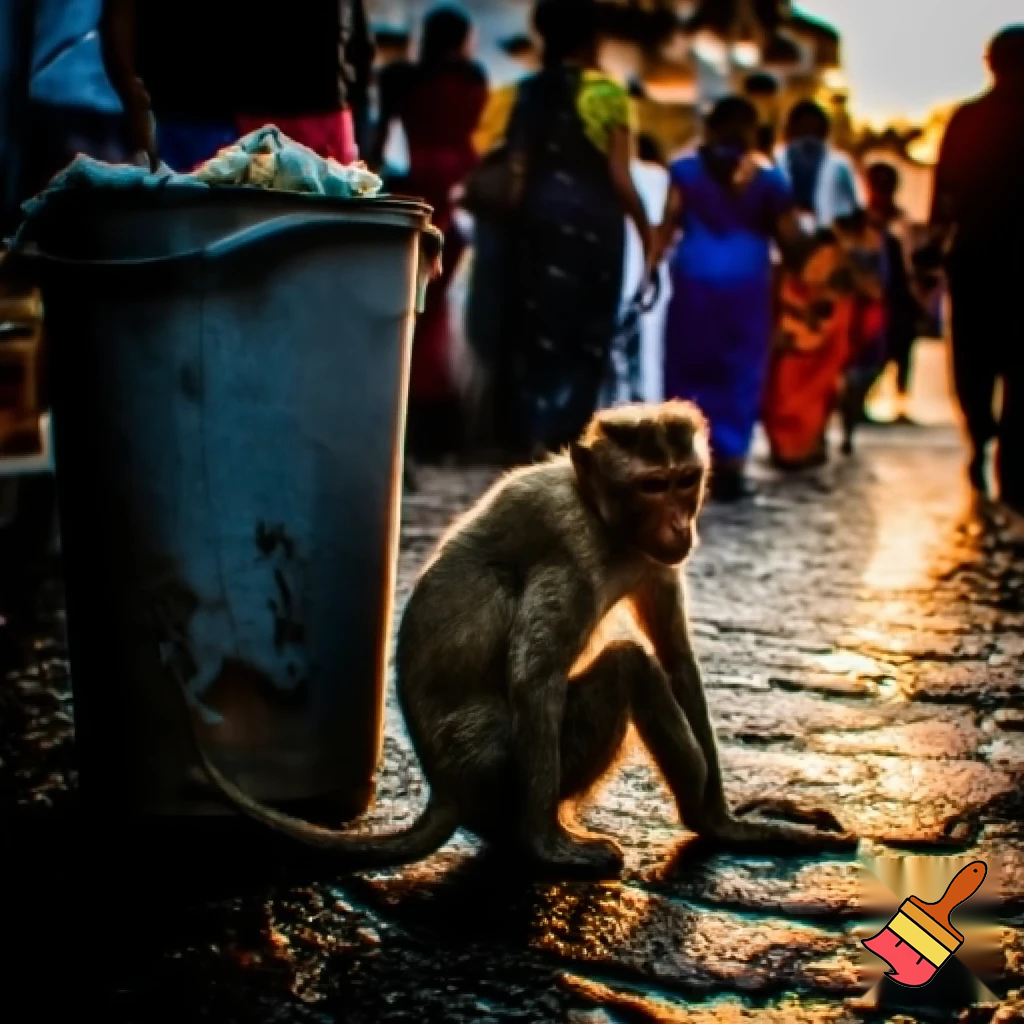 A thin, sad little monkey sitting beside a garbage bin in a small Indian market street at sunset, slightly wet ground after rain, people walking in the background ignoring him, cinematic lighting, emotional atmosphere, realistic art style.