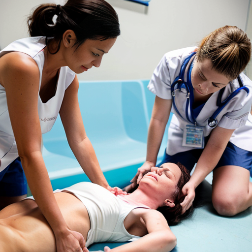 A woman lying unconscious on her back on the floor, wearing a white tank top and shorts, and a nurse performing CPR on her.