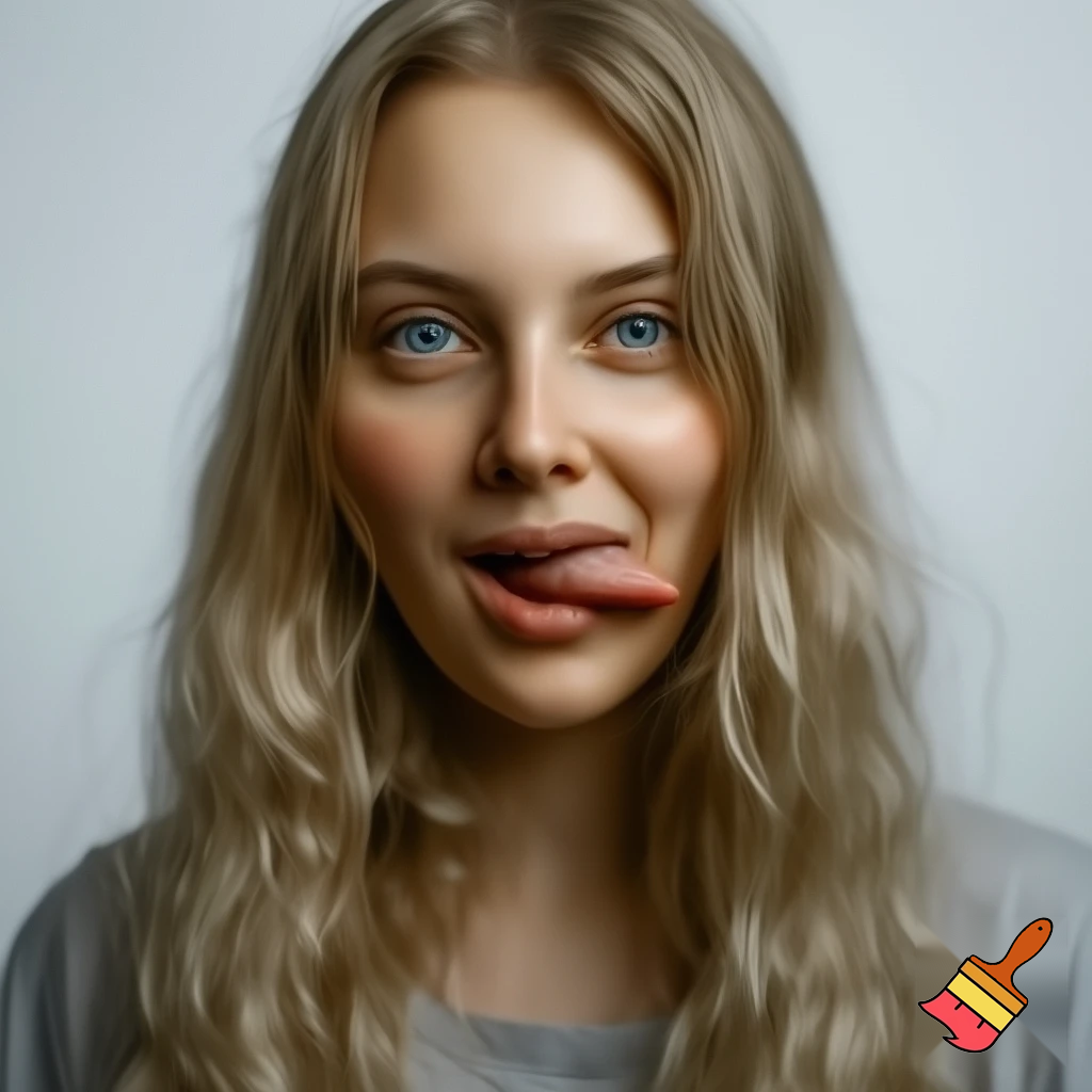 Blond 22 year old woman with blue eyes and tongue out