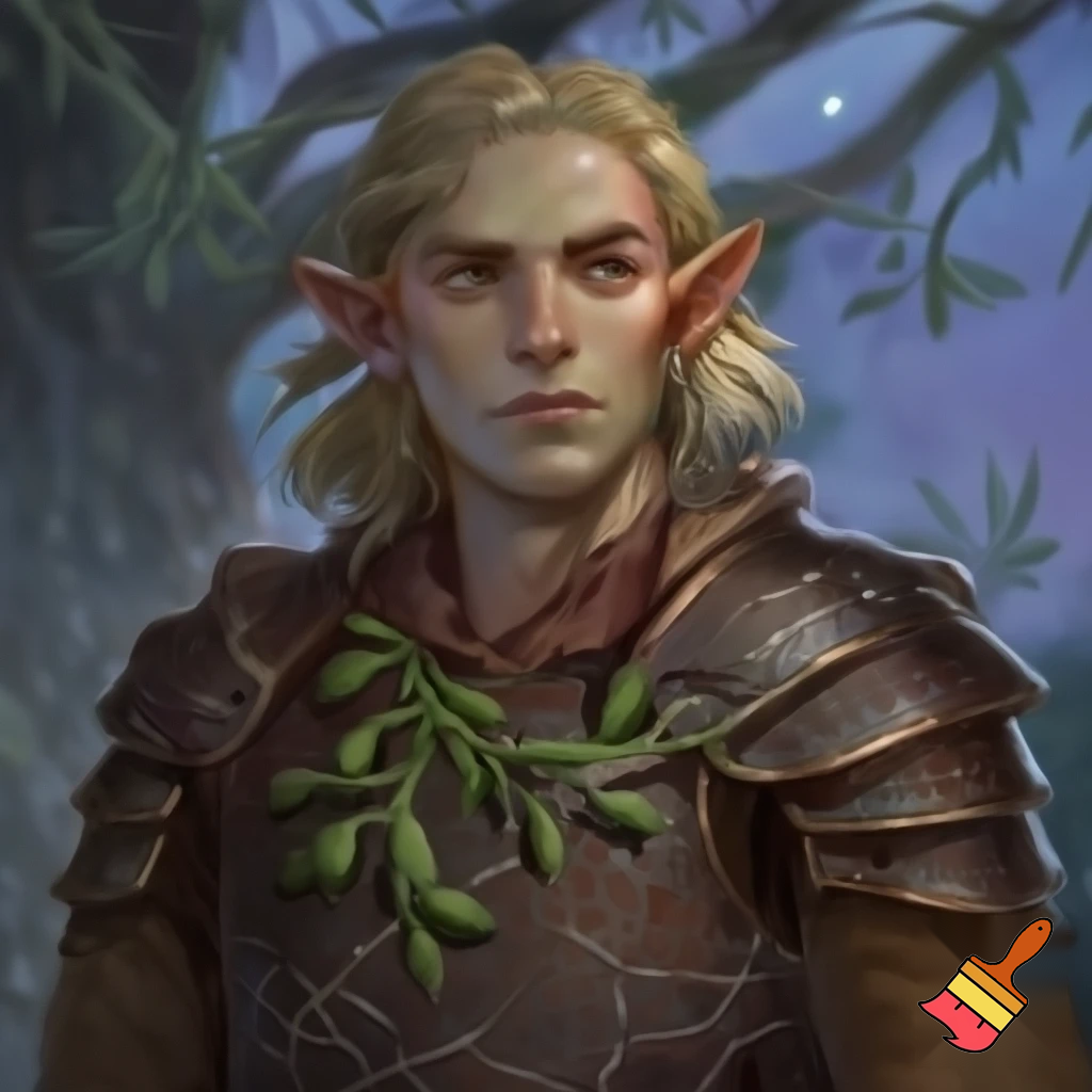 younger male wood elf sage circle of the stars druid pale skin blond hair hazel eyes leather armor with a sprig of mistletoe as a necklace