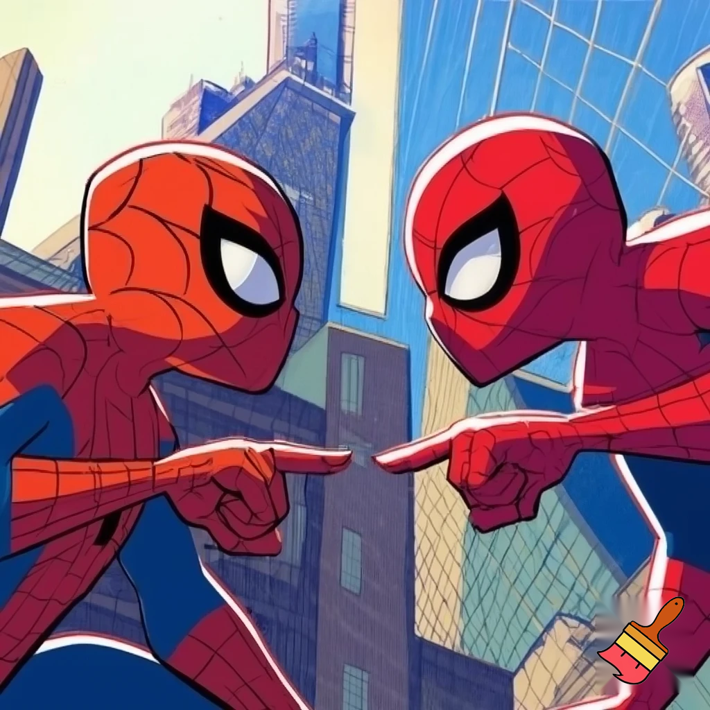 Spider man pointing at another version of himself positioned at the opposite side of him. Cartoon art style.