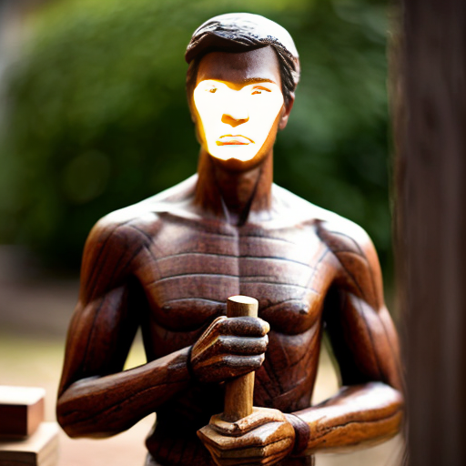 Hyper-realistic documentary style photograph of a teenage wood sculptor carving a life-size full-body wooden statue (9:16 scale) of [Black adam ], the statue is standing upright in a neutral pose, the statue is the same height as the sculptor or slightly taller, full body visible from head to feet, realistic human proportions, extremely detailed wood grain, visible chisel marks, carved clothing folds, the sculptor is standing close and working on the statue’s leg area using a hammer and chisel, outdoor rustic workshop, wooden logs and planks around, sawdust and wood shavings scattered everywhere, natural soft sunlight, cinematic bokeh, natural shadows, realistic earthy tones, Nikon DSLR photo, 85mm lens, f/1.8 depth of field, ultra sharp focus on the statue and the sculptor hands, 8K realism, professional documentary photography, no text, no watermark