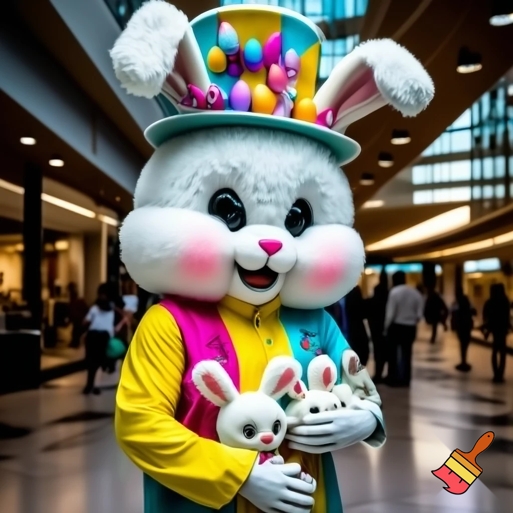 Easter bunny mascot costume top hat shopping Centre colourful jacket  colourful top hat Easter bunnies chair in the shopping centre