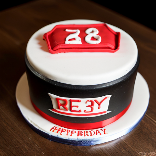 Photorealistic image of a single-tier round white fondant cake in Fallout New Vegas style, diameter 25cm. On top: large drawn Vault Boy character thumbs up (big smile, yellow hair, blue jumpsuit with yellow Vault-Tec logo, pointing finger up). Around the top edge: red 'Happy Birthday' banner ribbon. Sides fully covered in white fondant with drawn thematic Fallout elements: Nuka-Cola bottles, radiation symbols ☢️, Pip-Boy wristwatch, Liberty Prime head silhouette, Brotherhood of Steel logo. Three volumetric 3D red Nuka-Cola bottle caps (realistic, glossy, 4cm diameter, protruding 2cm) placed on sides. Yellow Vault-Tec arc emblem with '38' in center of side. Monochromatic colors: white base, blue, yellow, red accents only. Studio photo on wooden table, perfect lighting, highly detailed, cake topper style