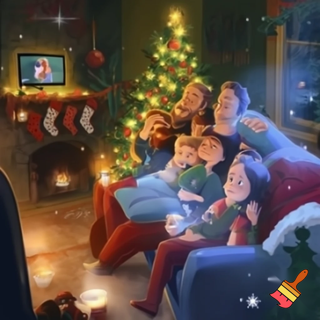 Make me a nice cosy Christmasy family in the living room watching a movie for christmas very big and only