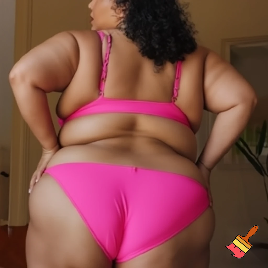 
Let's say a chubby woman in her 30s, wearing only the top part of her pink bikini, that is, her bra. Her back is turned to the camera and her hips are completely exposed