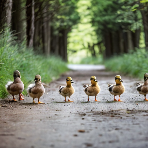 Mother duck and five little ducks go in for a walk in the forest