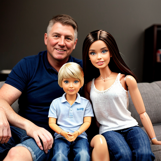 make a family photo of 3 with a 3 year old barbie and a 15 year old ken with there dad.   make barbie 3 years old make ken 15