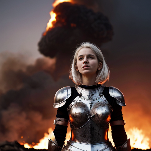 young, tall, white-haired woman in armor stands in front of a burning castle into which meteorites are falling.
