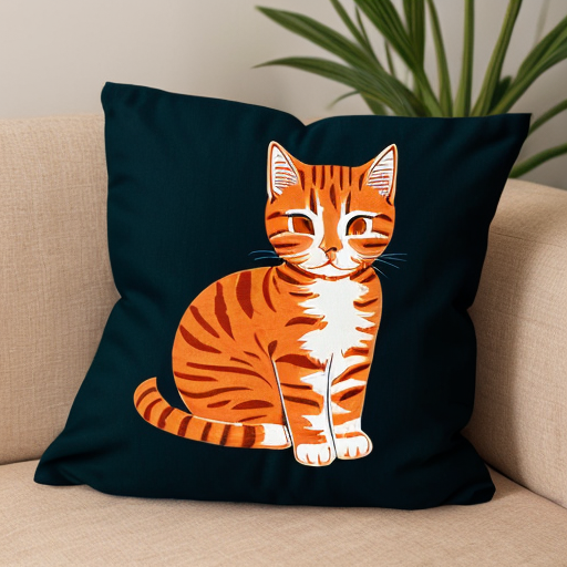 A fluffy orange cat sleeping on a soft cushion, peaceful expression, warm cosy colours in cartoon style
