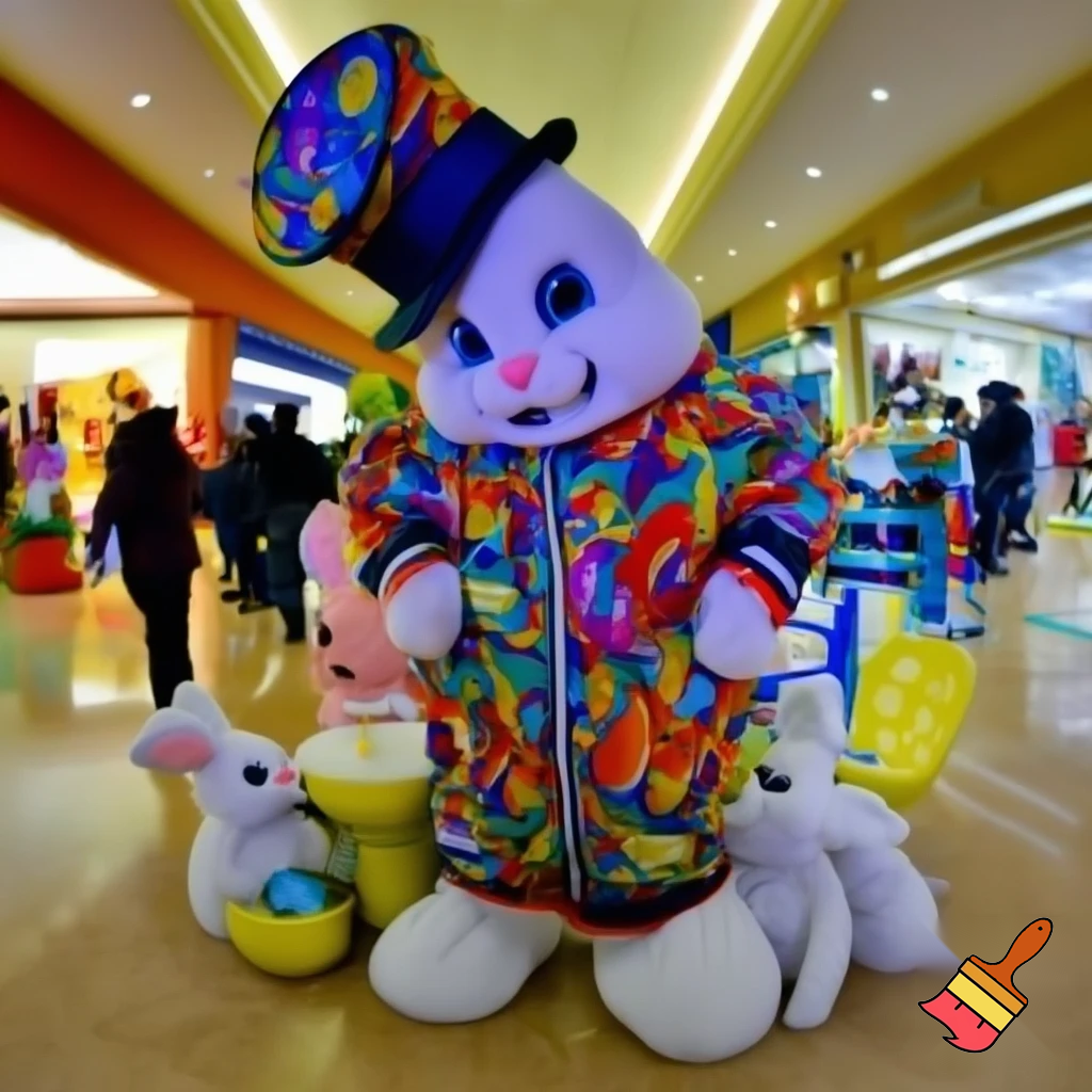 Easter bunny mascot costume top hat shopping Centre colourful jacket  colourful top hat Easter bunnies chair in the shopping centre