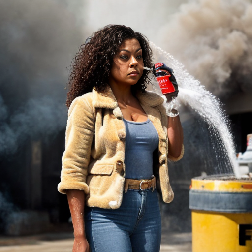 Taraji P. Henson as an FBI one beige fur jacket and yellow beige tank top red and yellow dots and blue jeans with long curly thick hair 20th Century Fox spray sprinkling water TNT stone smoker *punch*