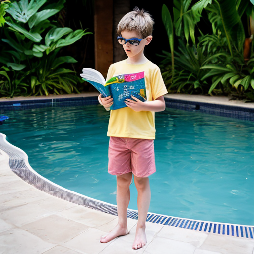 A serious cartoon child in a yellow shirt and pink shorts stands barefoot by a swimming pool, reading a paper, surrounded by tropical plants.
