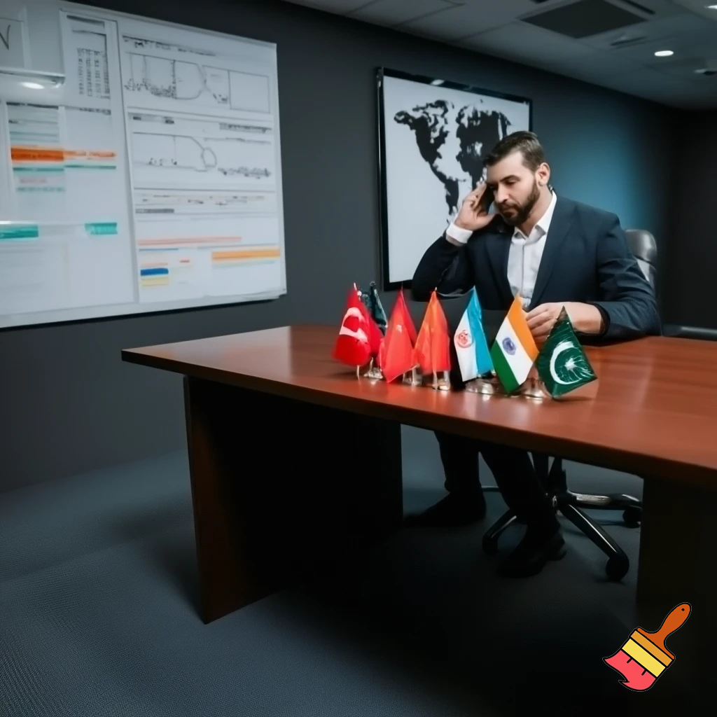 In a business room, a businessman in a suit is sitting at a table and talking on the phone. On the table are flags of Iraq, Afghanistan, China, India, Turkey, Tajikistan, Pakistan. On the wall of the room are boards with sales charts. On the wall is a large board with a world map.
