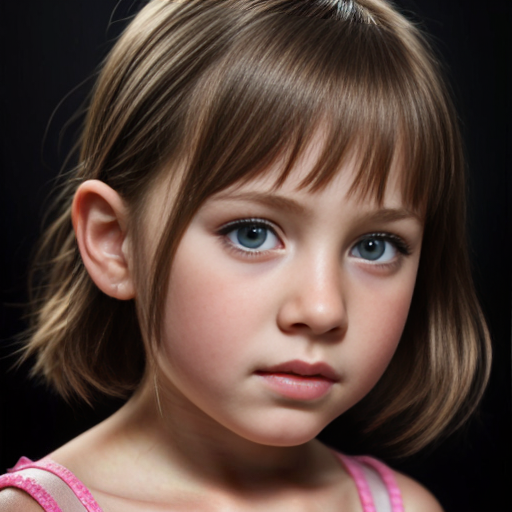 A girl aged 8-11, with siren eyes and short, brown hair