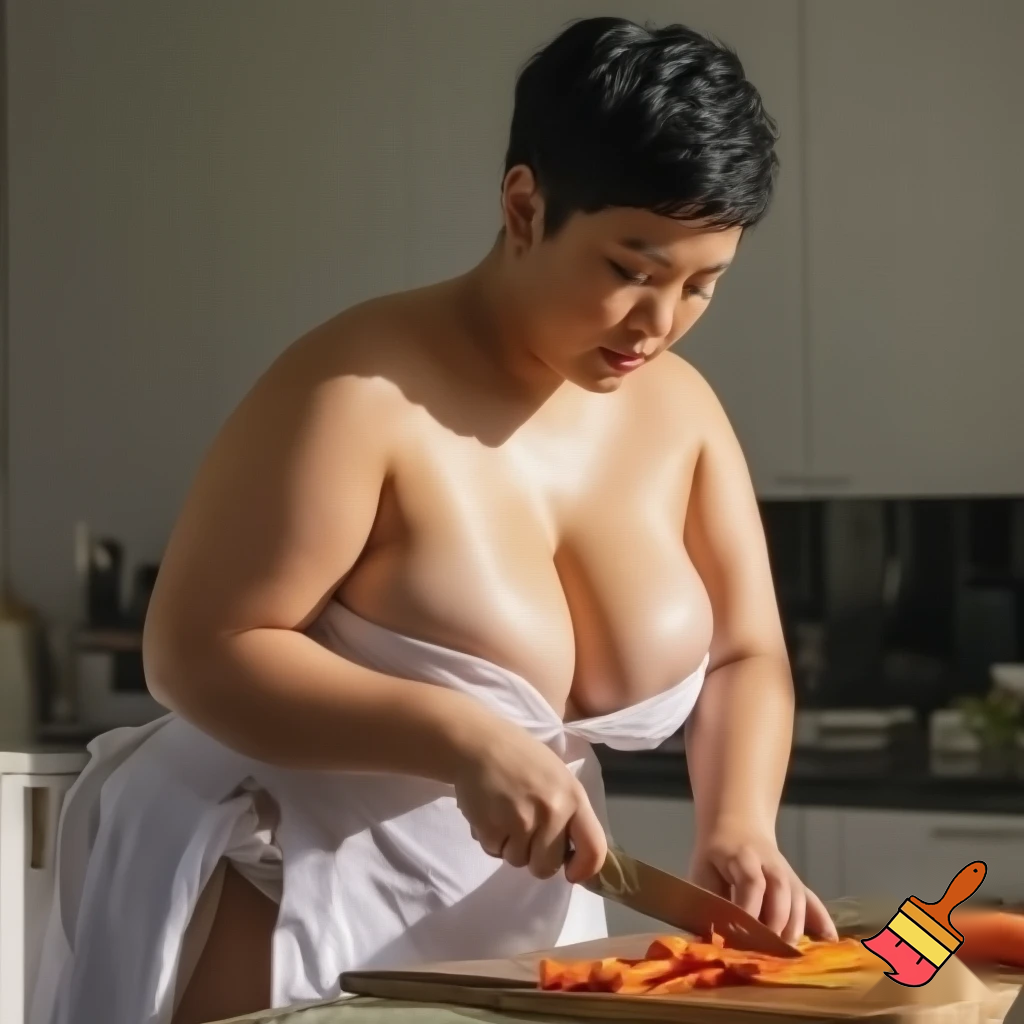a breathtakingly voluptuous Asian woman with glossy black pixie-cut hair standing at a sunlit kitchen counter, her smooth curves barely concealed by a flimsy white apron tied loosely around her waist—the only thing covering her otherwise naked body. The apron rides up slightly at the sides, teasing glimpses of her full hips and the soft curve of her waist, while the thin fabric clings provocatively to the swell of her breasts with every deliberate movement. Her hands work with effortless precision, chopping fresh carrots on a wooden board, fingers glistening slightly from the juice as the knife taps rhythmically. The warm morning light catches the sheen of sweat along her collarbone and the playful bounce of her cleavage as she leans forward, the apron’s neckline dipping dangerously low. A smirk plays on her plush lips—aware, confident, utterly in control—while the scene radiates a tantalizing mix of domestic intimacy and unrestrained sensuality.