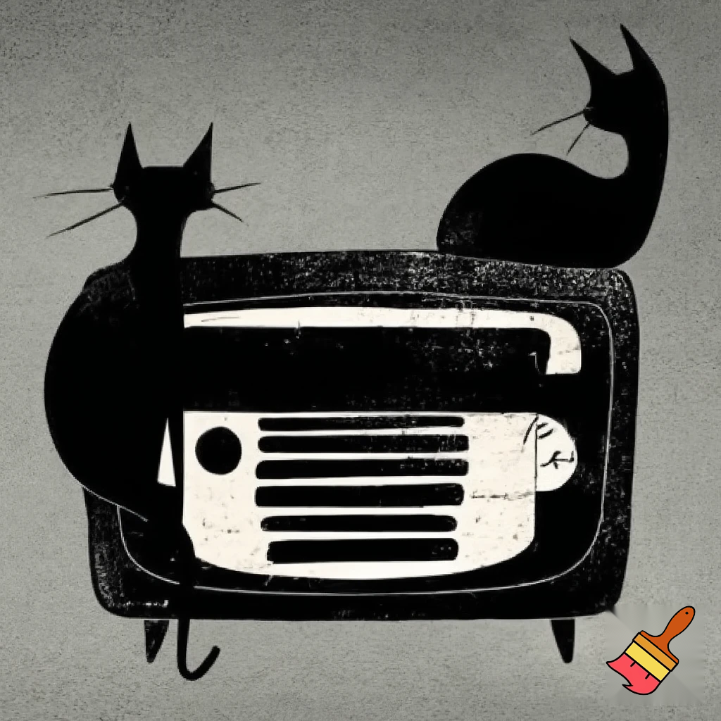 Draw a black and white old time radio with 2 realistic, slim cats in silhouette form. Make the drawing more like a cartoon.