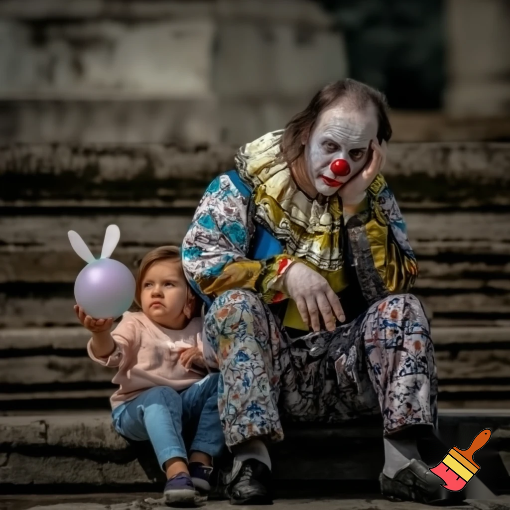 A heartbroken clown sits on an old stone staircase, holding his face with one hand. He wears a vividly decorated, brightly colored costume, full of patterns, with slight wrinkles from wear. In front of him, a young child looks at him, gently offering a ball with one hand while holding a rabbit-shaped balloon in the other hand, near the clown’s. The scene is bathed in soft natural light, creating a calm and melancholic atmosphere, with cinematic depth, detailed textures, and a tender emotional connection between the clown and the child. The image is ultra-realistic, 4k, with full cinematic style