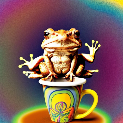 A hillarious, funny boho toad with some hippie colored coffee cups. Psychedelic decorated background.