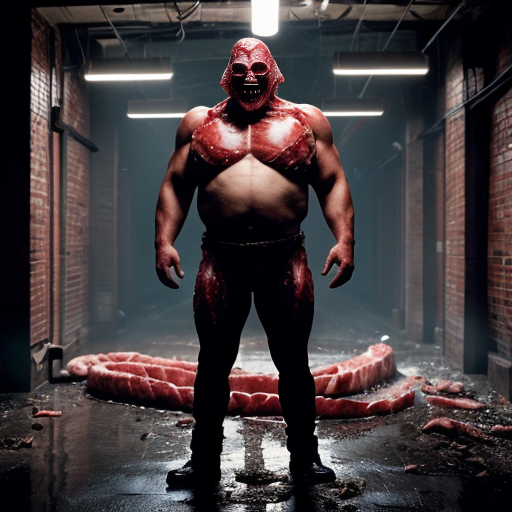 A 9 :16 aspect ratio pic of a cavernous, rusted slaughterhouse bathed in the flickering glow of broken overhead lights, their sparks raining down like dying fireflies. Dominating the scene is Satan himself—not some cartoonish demon, but a towering, twisted colossus of sinew and exposed muscle, his flesh split in jagged seams where extra limbs and eyes bulge grotesquely from his form. His jaw unhinges like a serpent’s, strings of saliva and half-chewed meat dangling as he laughs, the sound vibrating through puddles of gore. Around him, hazmat-suited figures move like panicked insects, their suits slick with viscera, desperately trying to contain something they clearly cannot. The floor is a mosaic of carnage—shattered bones, gnawed torsos, and unrecognizable meat piles, some still twitching. In the shadows, pale figures with too many teeth crouch over fresh kills, their feast lit by the emergency exit sign’s bloody glow. The air is thick with the metallic stench of butchery and the wet, tearing sounds of things still being eaten alive