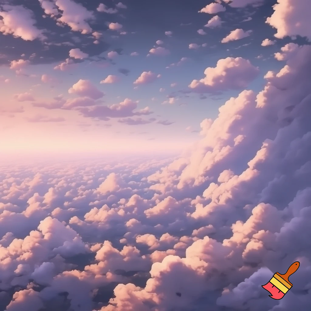 small fluffy clouds in the Tokyo Ghoul anime style, scattered across the sky, view from afar, lots of clouds, soft pastel colors, sunset sky, high quality, 4K, detailed, 360 degree panorama, 8K quality