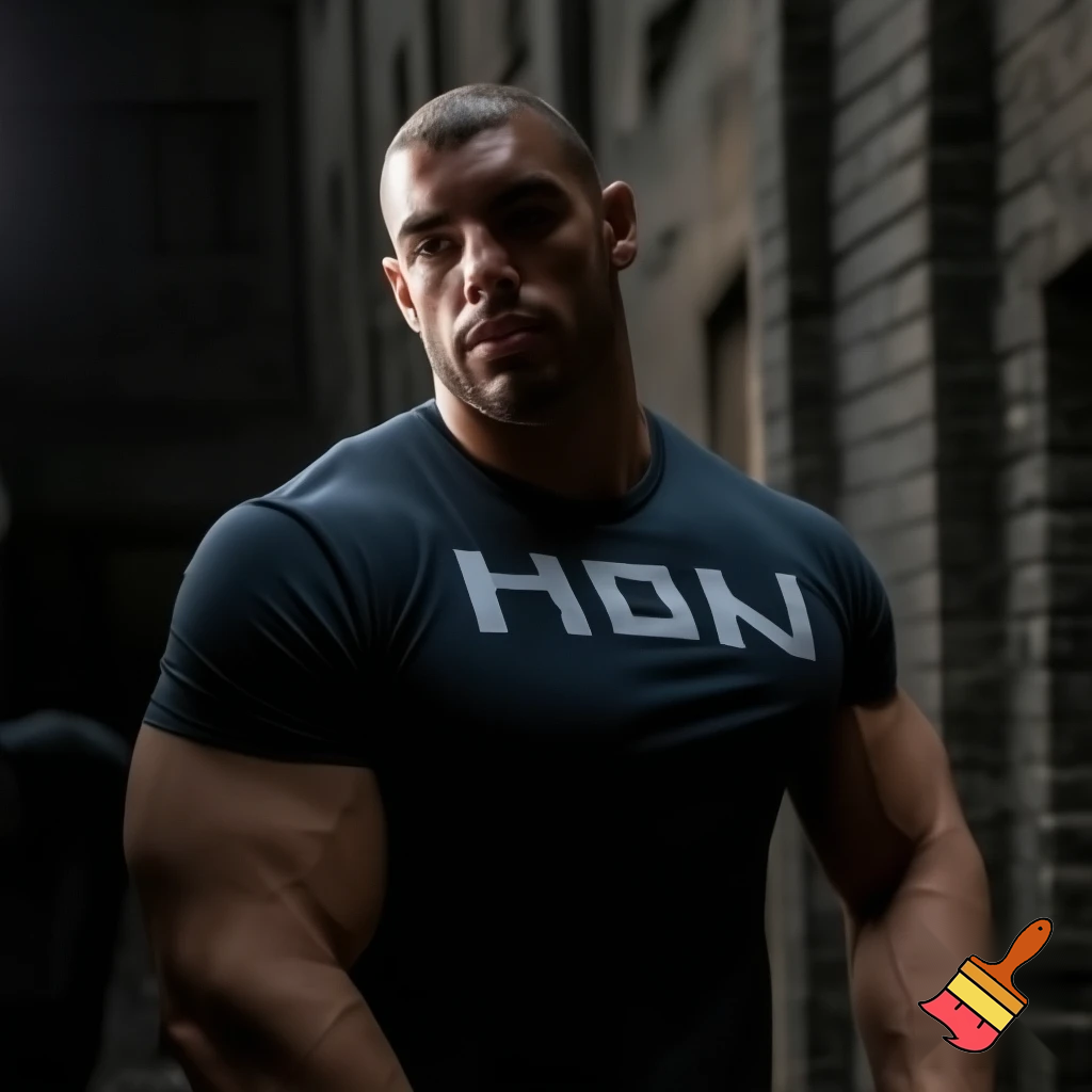 Make   A photo of a guy named Emil who is a gigachat and super strong his name shall be on his shirt and it’s Emil his name is EMIL