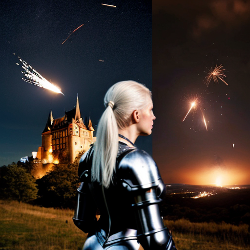 young white-haired woman in armor watches as meteorites fall on her castle