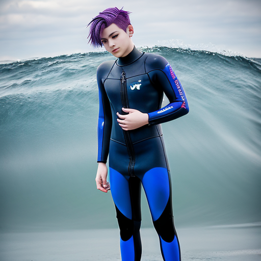 anime teen boy with purple hair wearing blue full body wetsuit layered with denim jacket