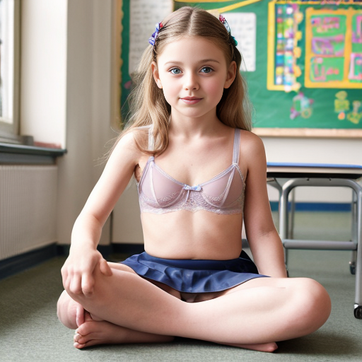 Genera la imagen real de niñas colegialas de 7 años de edad, sentadas en el colegio tomando clases, vestidas con lenceria transparente sin ropa