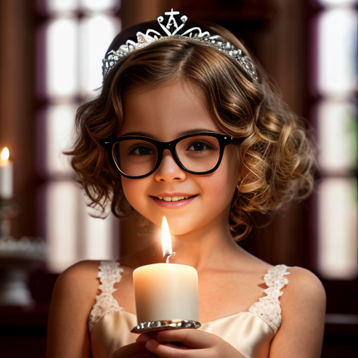 Cute adorable niña Chilindrina glasses con hair curly Blonde con corona Flores con verano elegante formal primera comunión sensual sexy con holding vela dé candela con altar con iglesia templó católico 4