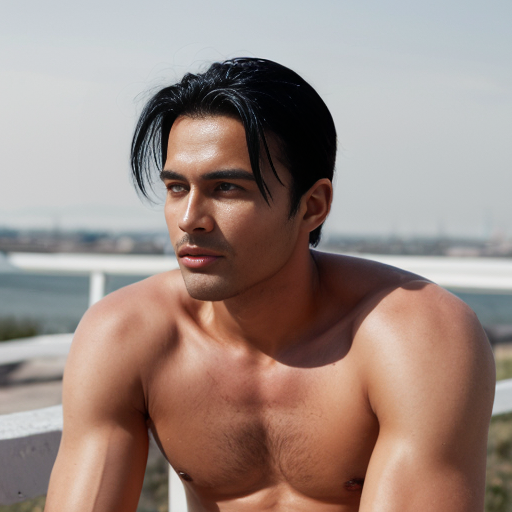 create image of man with a tan with black hair and jeens