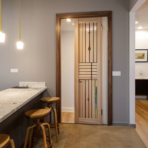 generate an interior picture of a commercial room , 
commercial premises, with a 2.5-meter-long and 2.7-meter-high wall on the left, with 5 4-centimeter-wide pecan-colored boards on the left and right edges of the wall, and black wallpaper with gold-colored thin stripes in between. There is also a 60-centimeter-wide and 2-meter-high decorative panel with a floral pattern, and a 60-centimeter-wide and 2-meter-high mirror. the second wall begins with 50 cm of 4 cm wide pecked walnut-colored slats, followed by a 1.80 m long and 1.3 m high counter with a glass in the middle that is illuminated from the inside with yellow light, then 90 cm of slats that are pecked at regular intervals, and the wall ends with a door that matches the color of the counter. The third wall is covered with decorative plaster. Design this room in a modern and stylish manner.