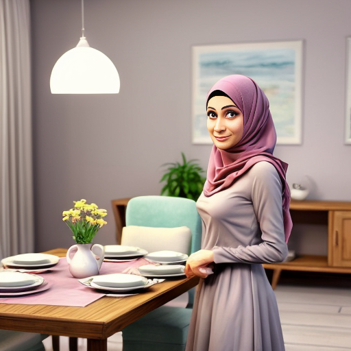 Pixar-style 3D cartoon, Muslim woman, 50 years old, fully covered, headscarf covering all hair, modest appearance, wide flowing pink dress, standing in a modern living/dining room, placing plates on the table, preparing food to eat, medium-class interior, neutral colors, simple furniture, cozy atmosphere, bright friendly lighting, simple cartoon style