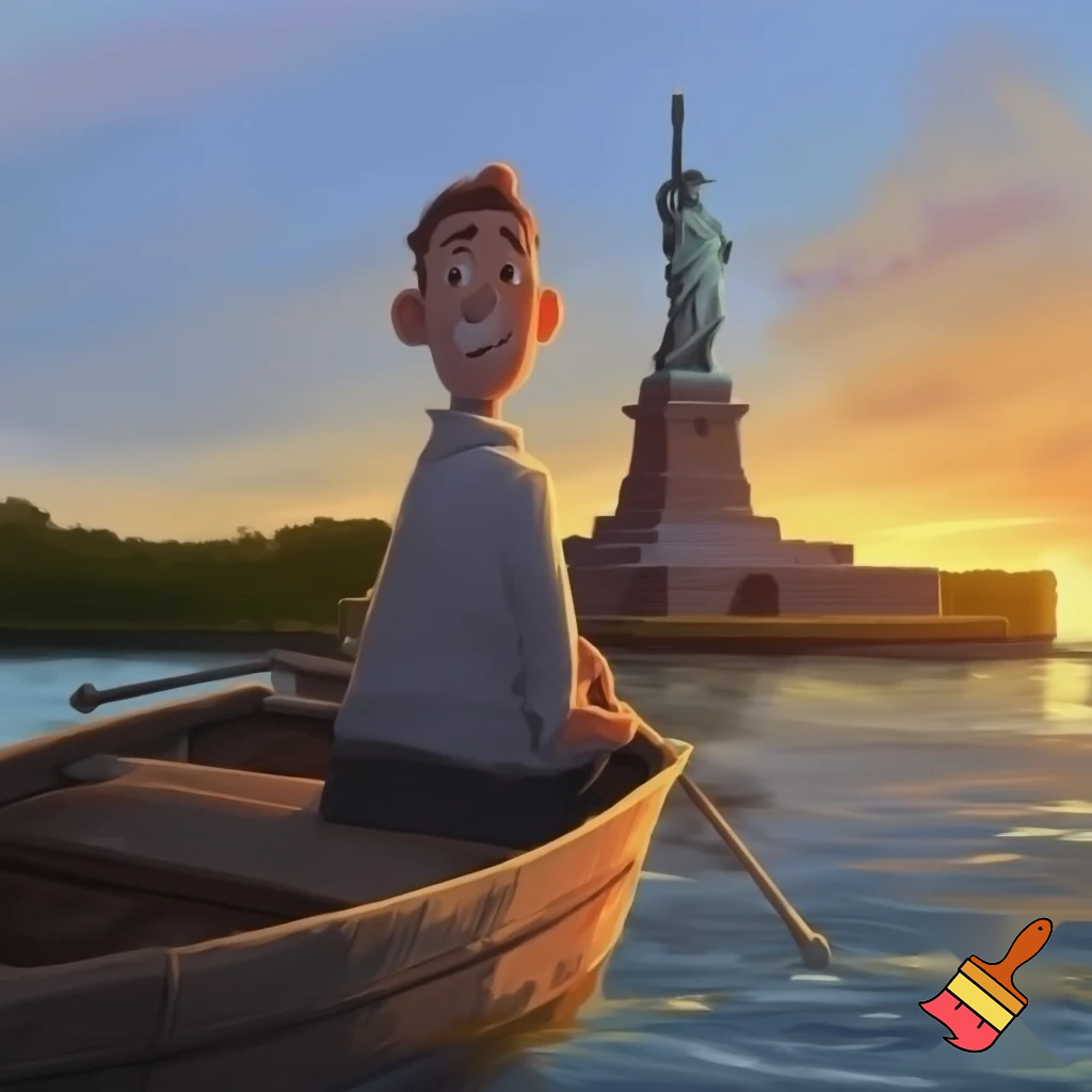 a man in a boat looking at the statue of liberty and smiling
