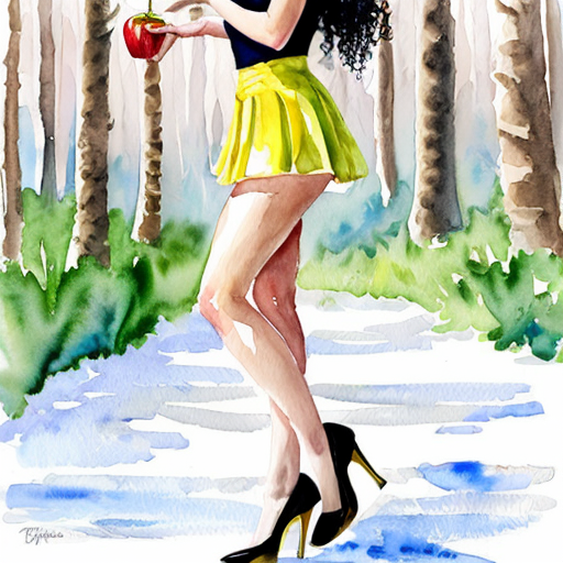 snow white standing in a forest holding an apple wearing her full costume with a short yellow miniskirt and re high heel shoes 