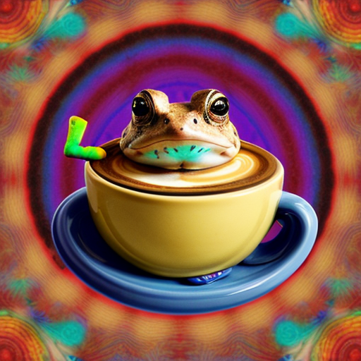 A hillarious, funny boho toad with some hippie colored coffee cups. Psychedelic decorated background.