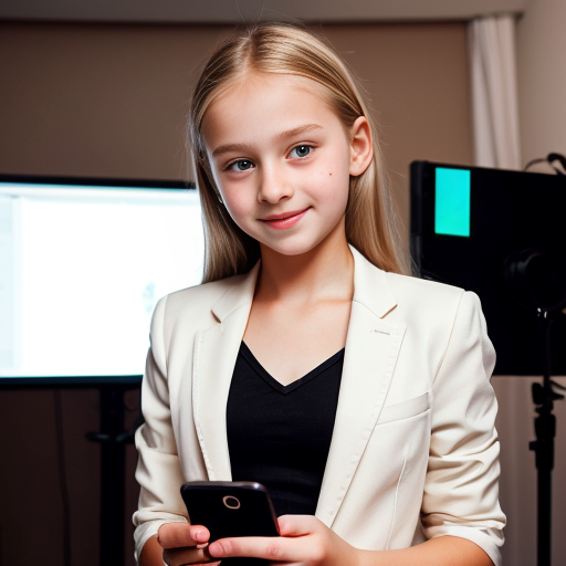 A spoiled very beautiful girl with blonde hair a white blazer and an expensive phone in her hand. She is in a fancy studio with cameras around her she is 11 years old