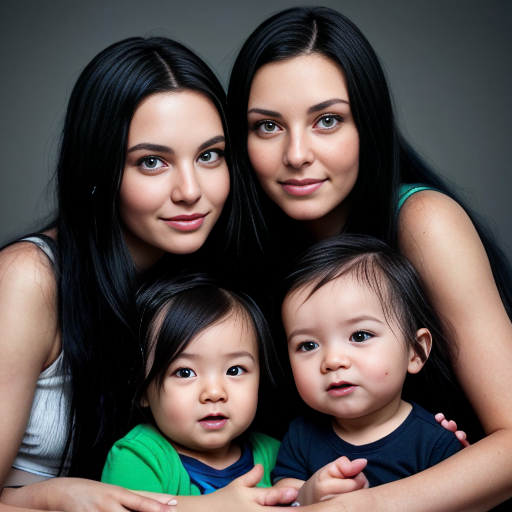 create a family photo with a mom whos  26 years old  and make her have black long hair with light blue eyes. with her boy triplets 2 years old with black hair and green eyes and then with her triplet daughters who are 16 make them have blue eyes with black long hair and make all of them together in a photo all 7 of them