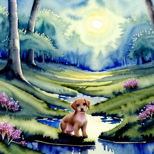 Kouzelná večerní scéna, lesní mýtina v noci, z potoka vychází jasná modrá záře  ze svítícího safíru. V potoce je svítící modrý safír.  Malé hnědé štěně stojí na okraji louky,  sleduje světlo. Magická atmosféra. Pohádkový akvarel.