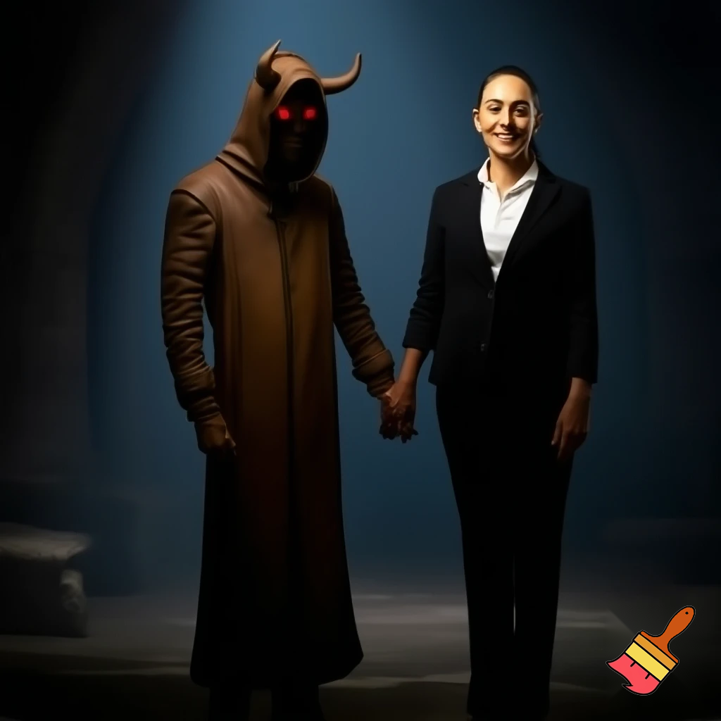 claudia sheinbaum holding hands with the devil and smiling, full body, 