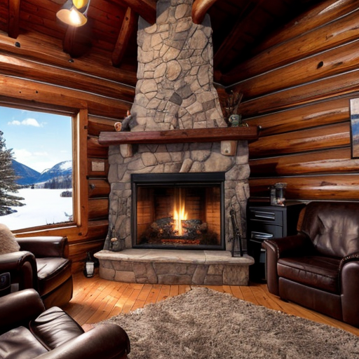 Photo in portrait mode of a warm fireplace burning in a cozy log cabin with a view of snowcap mountain overlooking a clear as crystal lake