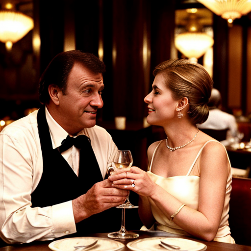 From a comedy film from the 1970s: In a luxury restaurant: An elegant couple is sitting at a table eating dinner. An elegantly dressed, very elderly and stocky waiter stands next to the table and addresses the couple. Elegant ambience, subdued lighting, comical atmosphere.