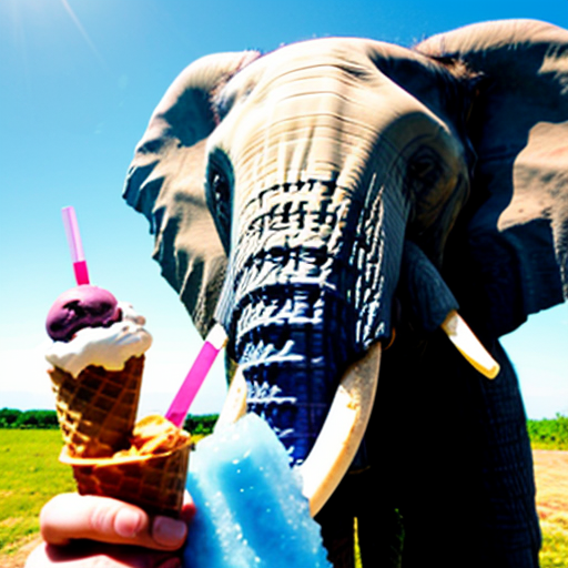 A happy elephant wearing sunglasses and eating ice cream