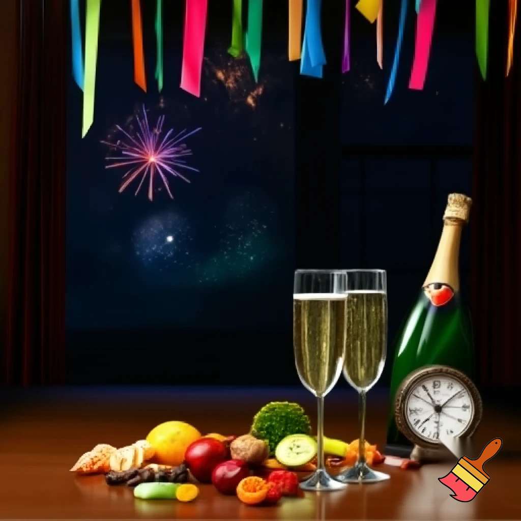 on the table there are two glasses of champagne, a bottle, hanging colorful paper streamers, snacks and fruit, next to it there is an old clock, the hands of the clock are at 12 o'clock, in the background there is a window and fireworks outside the window